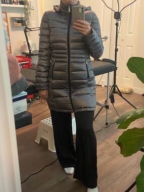 Long Andrew Marc Down Puffer Coat in Metallic Gray